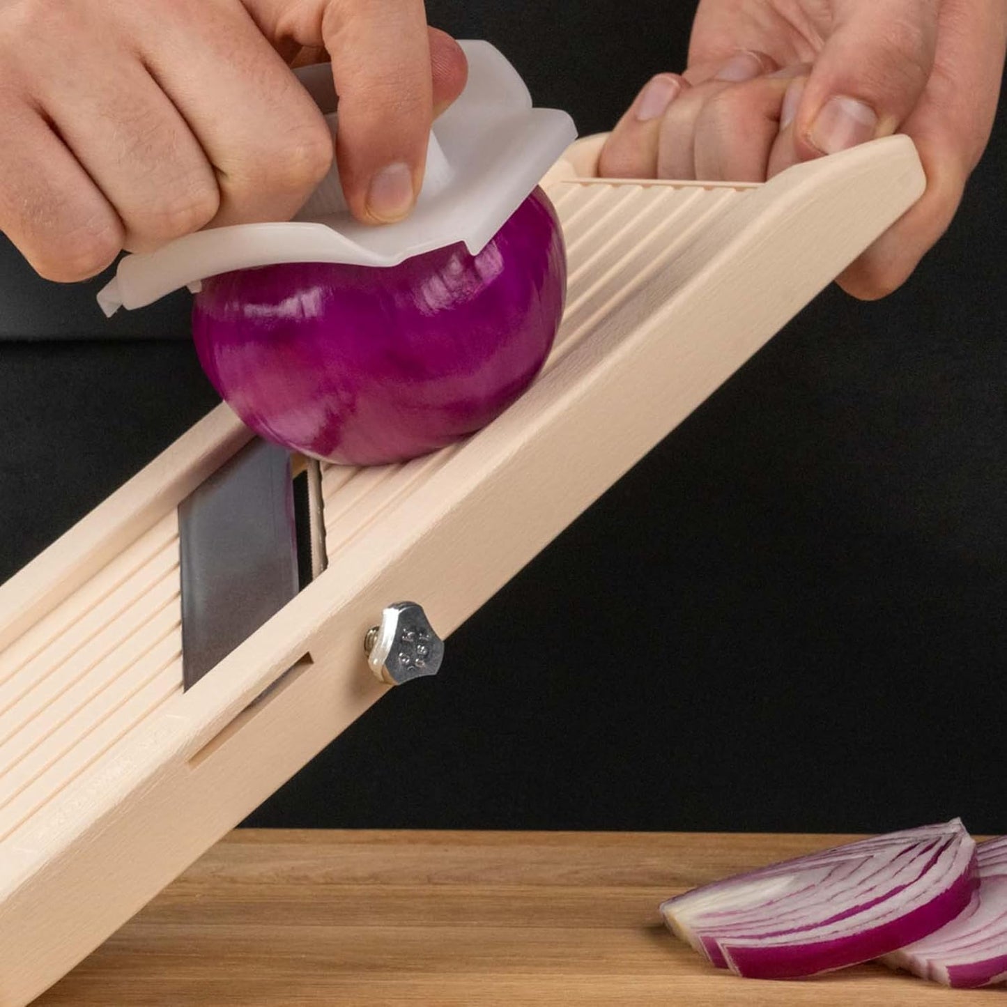 Benriner Mandolin Vegetable Slicer 6.4cm, Beige - 3 interchangeable Stainless Steel Blades & Safety Guard (No Catch Tray)