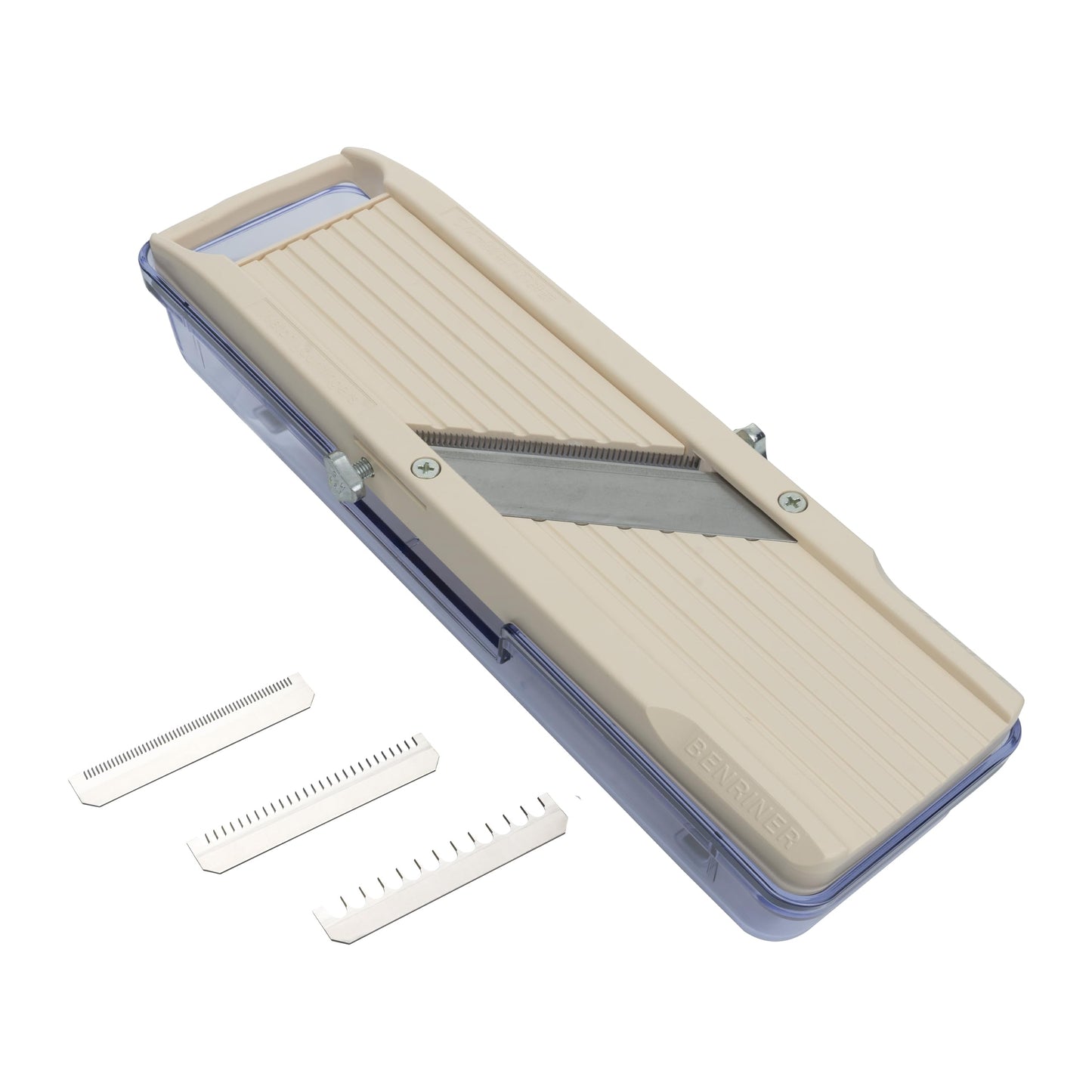 Benriner Mandolin Vegetable Slicer 6.4cm, Beige- 3 interchangeable Stainless Steel Blades, Catch Tray & Safety Guard