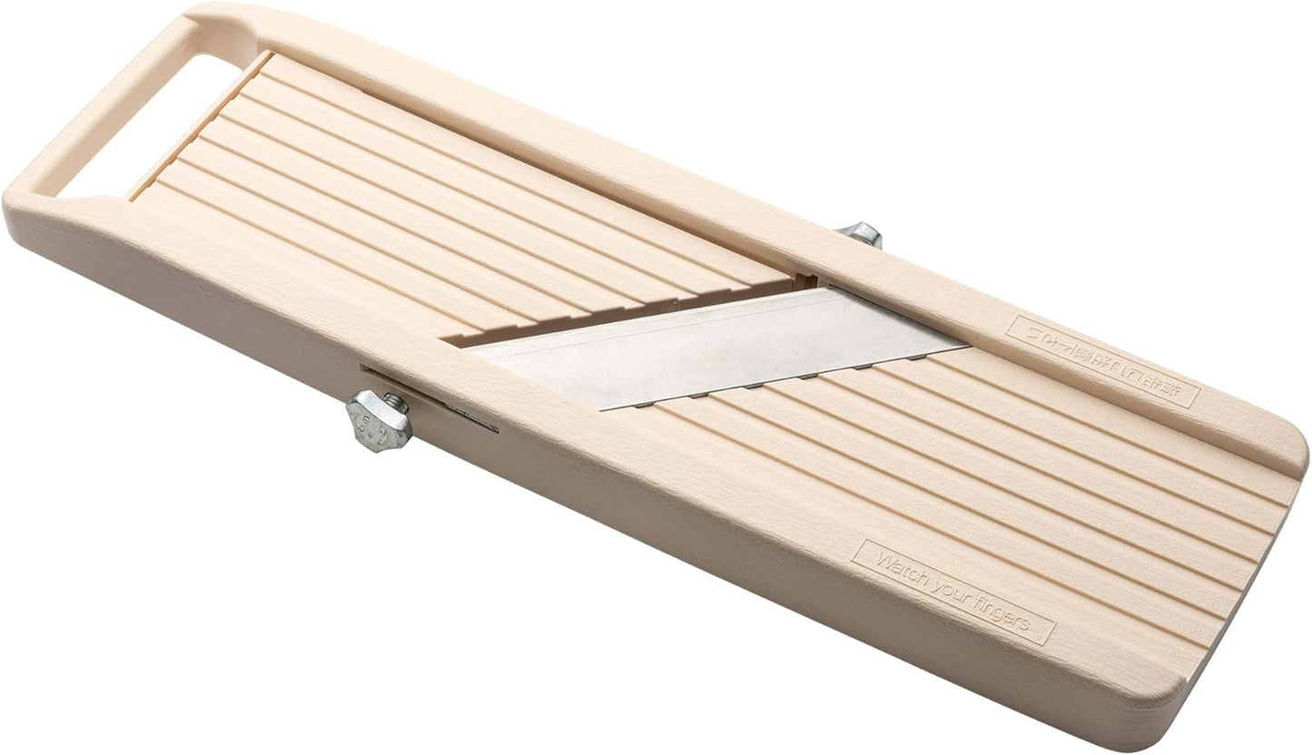 Benriner Mandolin Vegetable Slicer 6.4cm, Beige - 3 interchangeable Stainless Steel Blades & Safety Guard (No Catch Tray)