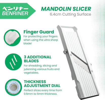 Benriner Mandolin Vegetable Slicer 6.4cm, Beige- 3 interchangeable Stainless Steel Blades, Catch Tray & Safety Guard