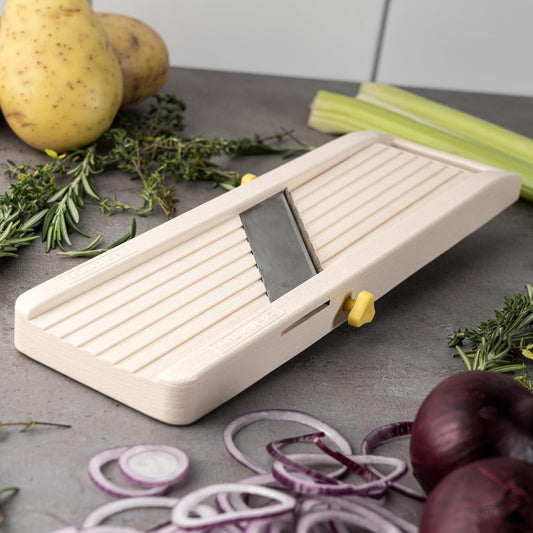 Benriner Mandolin Vegetable Slicer 6.4cm, Beige - 3 interchangeable Stainless Steel Blades & Safety Guard (No Catch Tray)