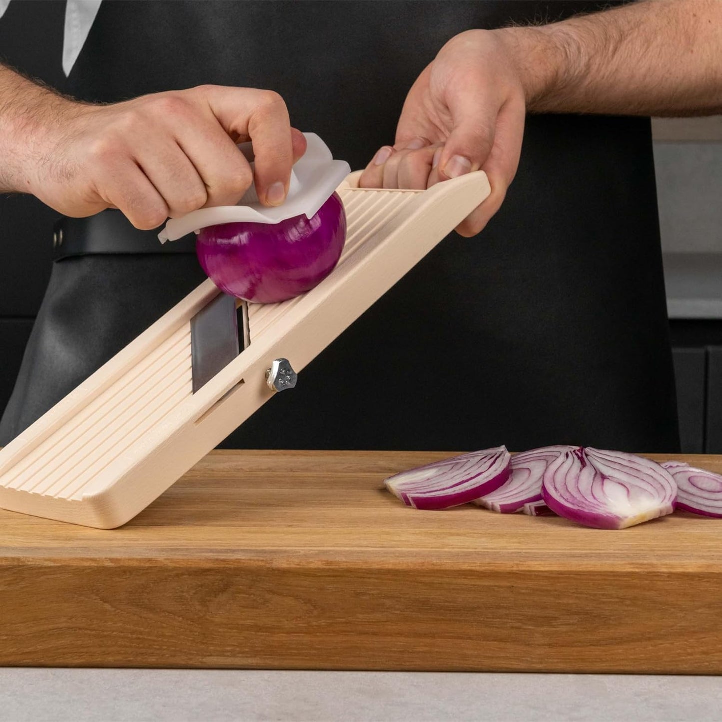 Benriner Mandolin Vegetable Slicer 6.4cm, Beige - 3 interchangeable Stainless Steel Blades & Safety Guard (No Catch Tray)