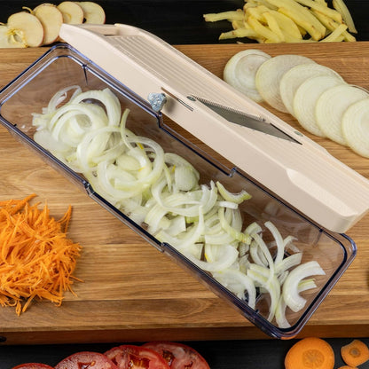 Benriner Mandolin Vegetable Slicer 6.4cm, Beige- 3 interchangeable Stainless Steel Blades, Catch Tray & Safety Guard
